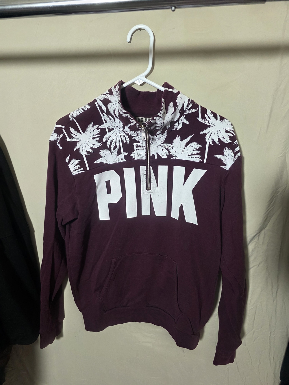 PINK Victoria's Secret Maroon Half-Zip Pullover with White Palm Print